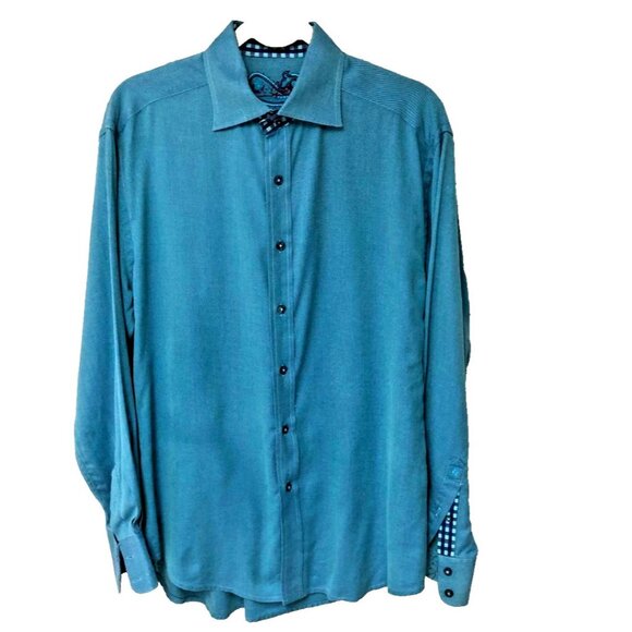 Robert Graham Solid Teal Blue Button Down Shirt Men's L Flip Cuff Check Paisley - Picture 2 of 9